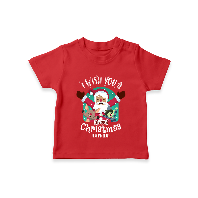 " I Wish You A Merry Christmas " - Christmas Themed Kids T-Shirt With Customized name - RED - 0-5 Months Old (Chest 17")