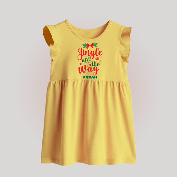 "Jingle All The Way" - Christmas Themed Baby Frock With Customized name - YELLOW - 0 - 3 Months Old (Chest 17")