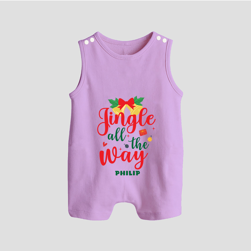 "Jingle All The Way" - Christmas Themed Button Romper With Customized name - LILAC - 0 - 5 Months Old (Chest 18")