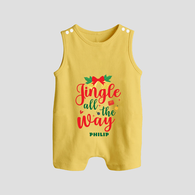 "Jingle All The Way" - Christmas Themed Romper Suit With Customized name - PASTEL YELLOW - 0 - 5 Months Old (Chest 18")