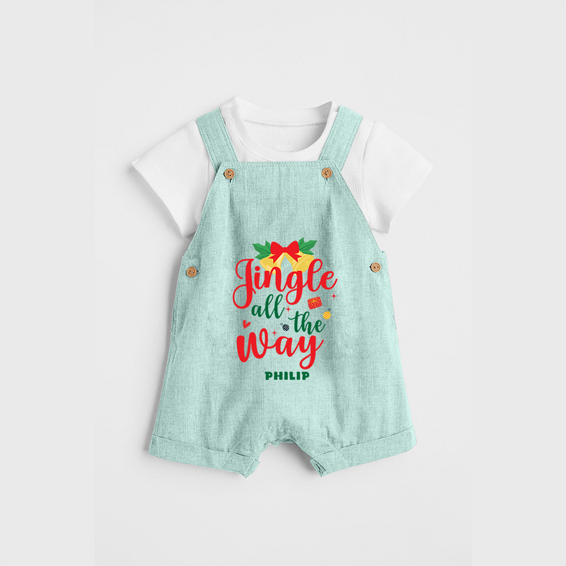 "Jingle All The Way" - Christmas Themed Kids Dungaree Set With Customized name - ARCTIC BLUE - 0 - 5 Months Old (Chest 18")