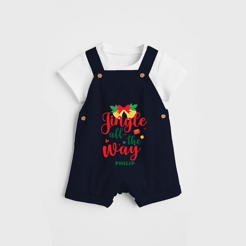 "Jingle All The Way" - Christmas Themed Kids Dungaree Set With Customized name - NAVY BLUE - 0 - 5 Months Old (Chest 18")