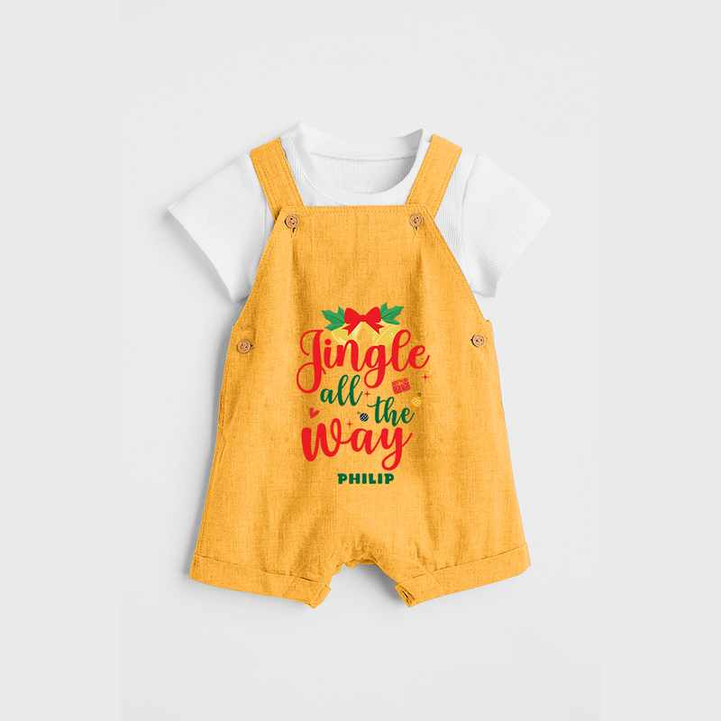 "Jingle All The Way" - Christmas Themed Kids Dungaree Set With Customized name - PASTEL YELLOW - 0 - 5 Months Old (Chest 18")