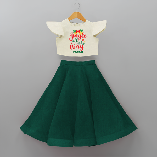 "Jingle All The Way" - Christmas Themed Kids Crop Top And Skirt With Customized name - BOTTLE GREEN - 6 - 9 Months Old (Chest 20" , Frock Waist 20")