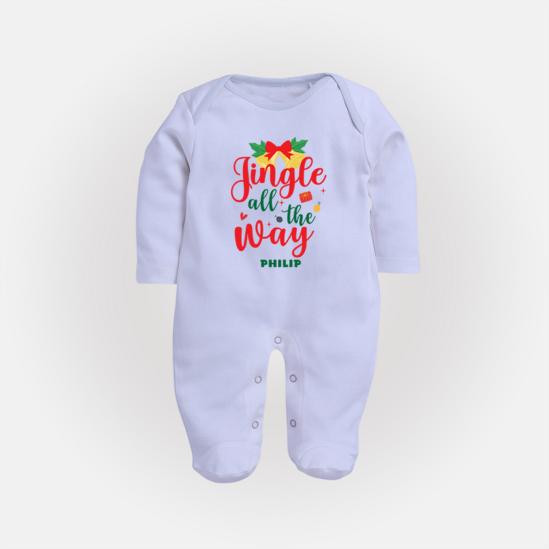 "Jingle All The Way" - Christmas Themed Baby Sleep Suit With Customized name - BABY BLUE - New Born (Chest 7.5")