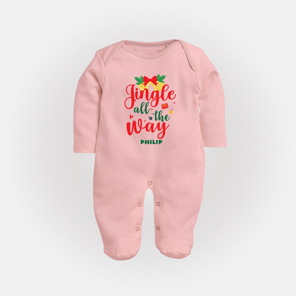 "Jingle All The Way" - Christmas Themed Baby Sleep Suit With Customized name - BABY PINK - New Born (Chest 7.5")