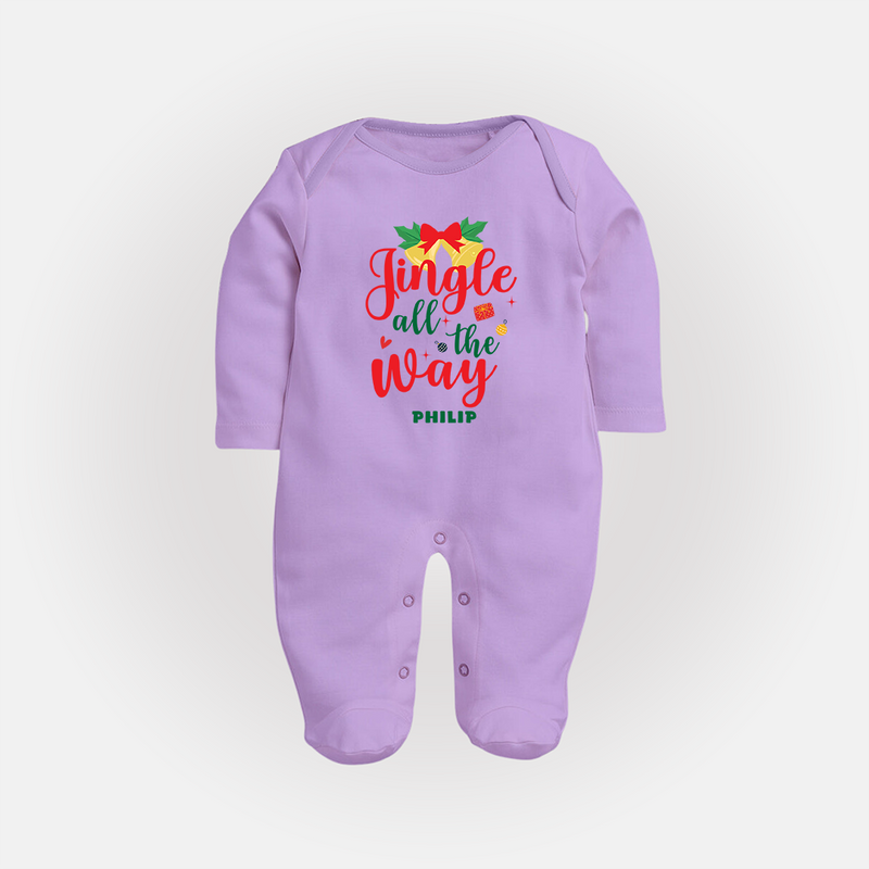 "Jingle All The Way" - Christmas Themed Baby Sleep Suit With Customized name - LILAC - New Born (Chest 7.5")