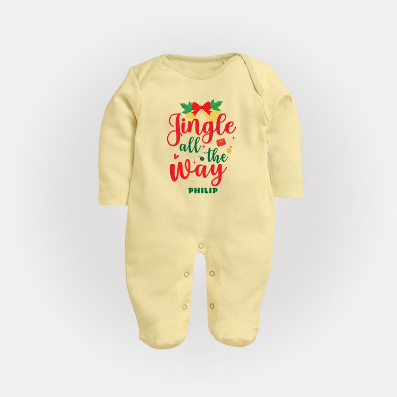 "Jingle All The Way" - Christmas Themed Baby Sleep Suit With Customized name - PASTEL YELLOW - New Born (Chest 7.5")