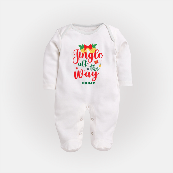 "Jingle All The Way" - Christmas Themed Baby Sleep Suit With Customized name - WHITE - New Born (Chest 7.5")