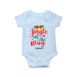 "Jingle All The Way" - Christmas Themed Kids Romper With Customized name - BABY BLUE - 0 - 3 Months Old (Chest 16")