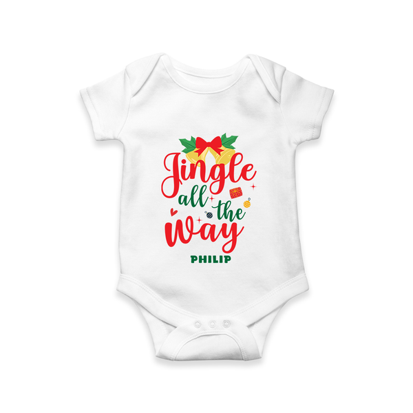 "Jingle All The Way" - Christmas Themed Kids Romper With Customized name - WHITE - 0 - 3 Months Old (Chest 16")