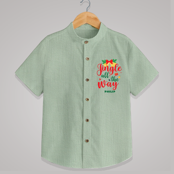 "Jingle All The Way" - Christmas Themed Kids Shirt With Customized name - MINT GREEN - 0 - 6 Months Old (Chest 23")