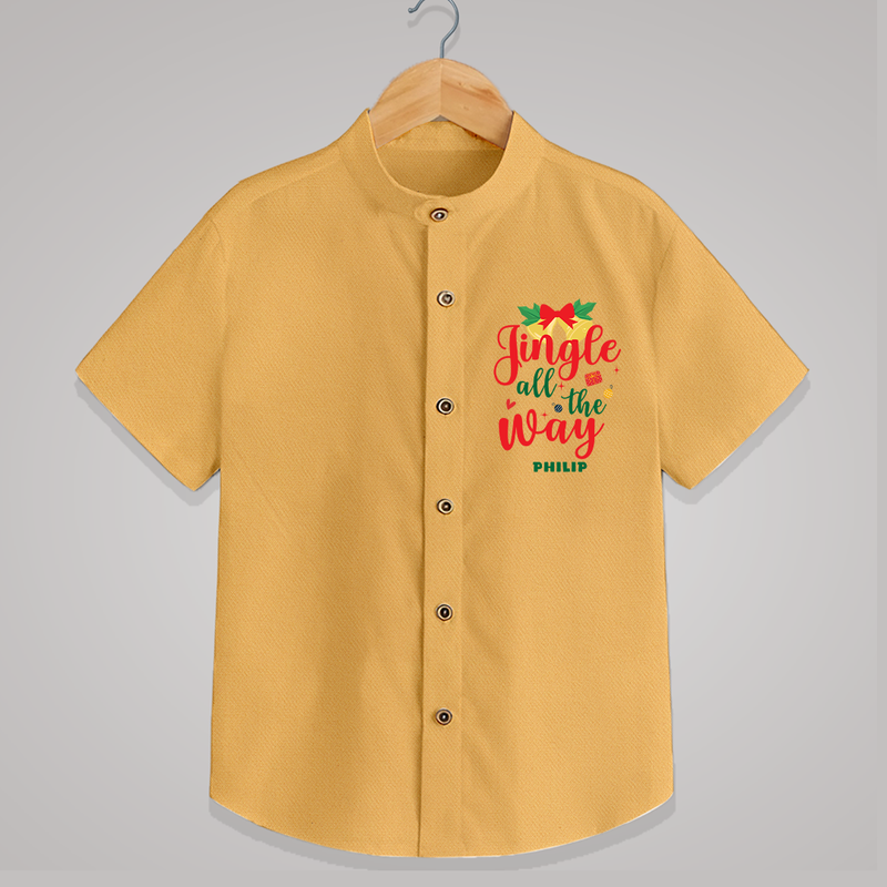 "Jingle All The Way" - Christmas Themed Kids Shirt With Customized name - PASTEL YELLOW - 0 - 6 Months Old (Chest 23")