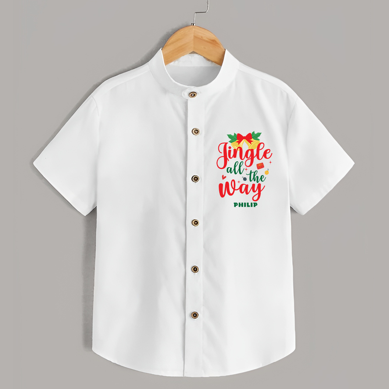 "Jingle All The Way" - Christmas Themed Kids Shirt With Customized name - WHITE - 0 - 6 Months Old (Chest 23")