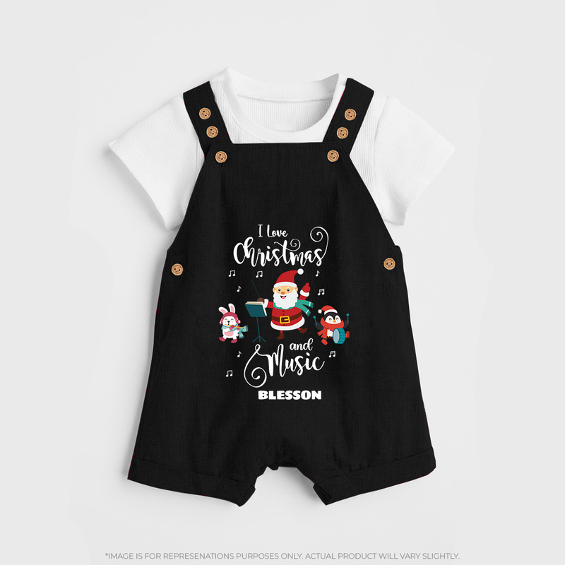 "I Love Christmas And Music " - Christmas Themed Kids Dungaree Set With Customized name - BLACK - 0 - 5 Months Old (Chest 18")