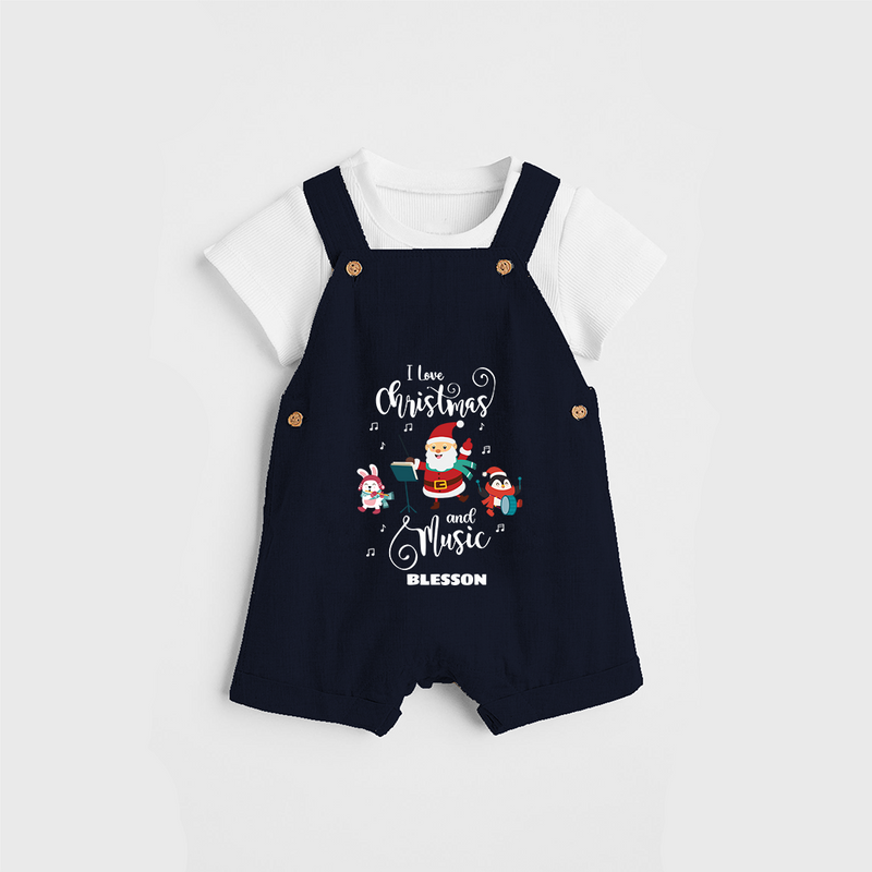 "I Love Christmas And Music " - Christmas Themed Kids Dungaree Set With Customized name - NAVY BLUE - 0 - 5 Months Old (Chest 18")