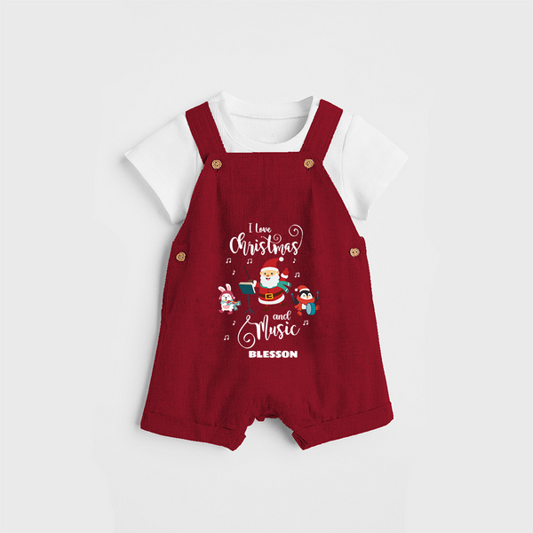 "I Love Christmas And Music " - Christmas Themed Kids Dungaree Set With Customized name - RED - 0 - 5 Months Old (Chest 18")