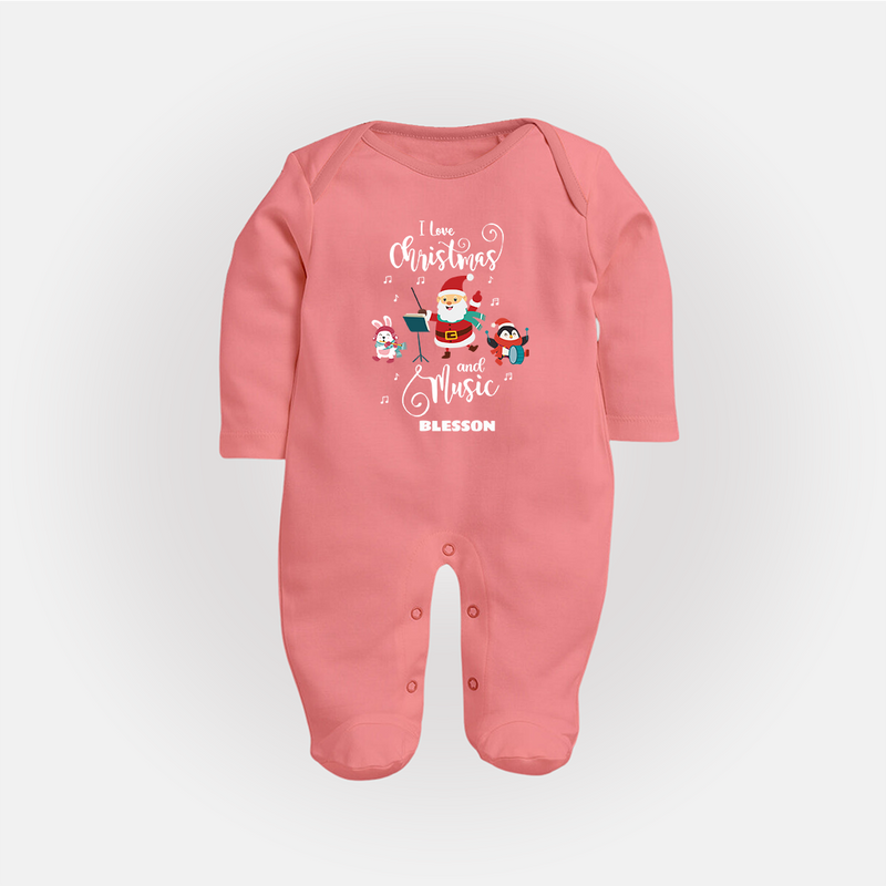 "I Love Christmas And Music " - Christmas Themed Baby Sleep Suit With Customized name - PEACH - New Born (Chest 7.5")