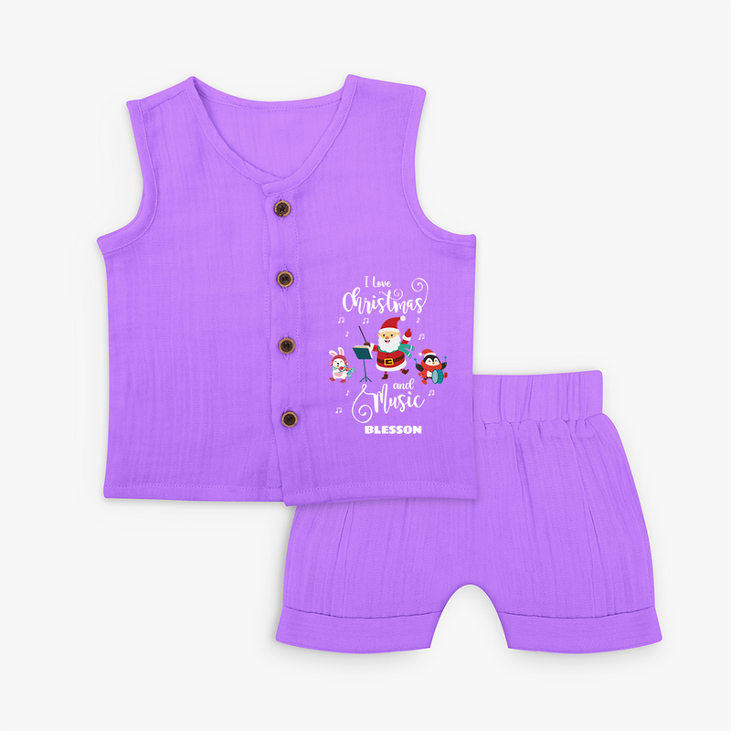 "I Love Christmas And Music " - Christmas Themed Kids Jabla Set With Customized name - PURPLE - 0 - 3 Months Old (Chest 9.8")