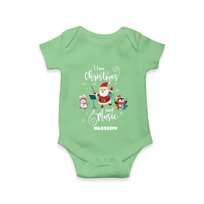 "I Love Christmas And Music " - Christmas Themed Kids Romper With Customized name - GREEN - 0 - 3 Months Old (Chest 16")