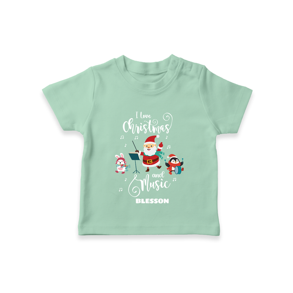 "I Love Christmas And Music " - Christmas Themed Kids T-Shirt With Customized name - MINT GREEN - 0-5 Months Old (Chest 17")