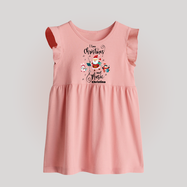 "I Love Christmas And Music " - Christmas Themed Baby Frock With Customized name - BABY PINK - 0 - 3 Months Old (Chest 17")