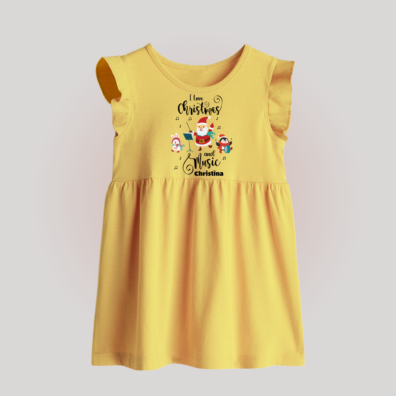 "I Love Christmas And Music " - Christmas Themed Baby Frock With Customized name - YELLOW - 0 - 3 Months Old (Chest 17")