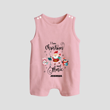 "I Love Christmas And Music " - Christmas Themed Button Romper With Customized name - BABY PINK - 0 - 5 Months Old (Chest 18")