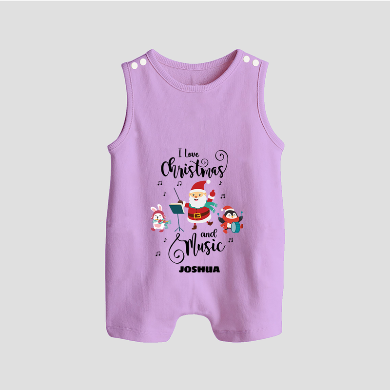 "I Love Christmas And Music " - Christmas Themed Romper Suit With Customized name - LILAC - 0 - 5 Months Old (Chest 18")