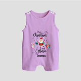 "I Love Christmas And Music " - Christmas Themed Button Romper With Customized name - LILAC - 0 - 5 Months Old (Chest 18")