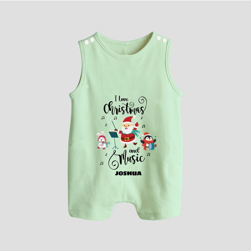 "I Love Christmas And Music " - Christmas Themed Button Romper With Customized name - MINT GREEN - 0 - 5 Months Old (Chest 18")