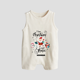 "I Love Christmas And Music " - Christmas Themed Button Romper With Customized name - WHITE - 0 - 5 Months Old (Chest 18")