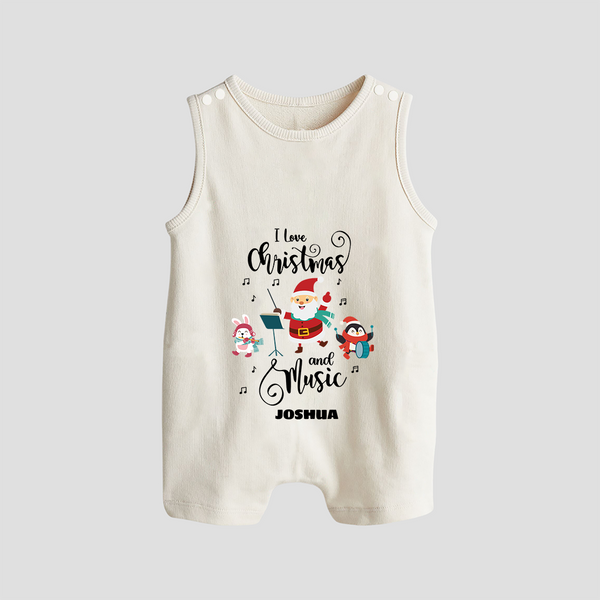 "I Love Christmas And Music " - Christmas Themed Button Romper With Customized name - WHITE - 0 - 5 Months Old (Chest 18")