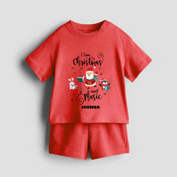 "I Love Christmas And Music " - Christmas Themed Kids Co-ord Set With Customized name - RED - 0-5 months old  (Chest 18")