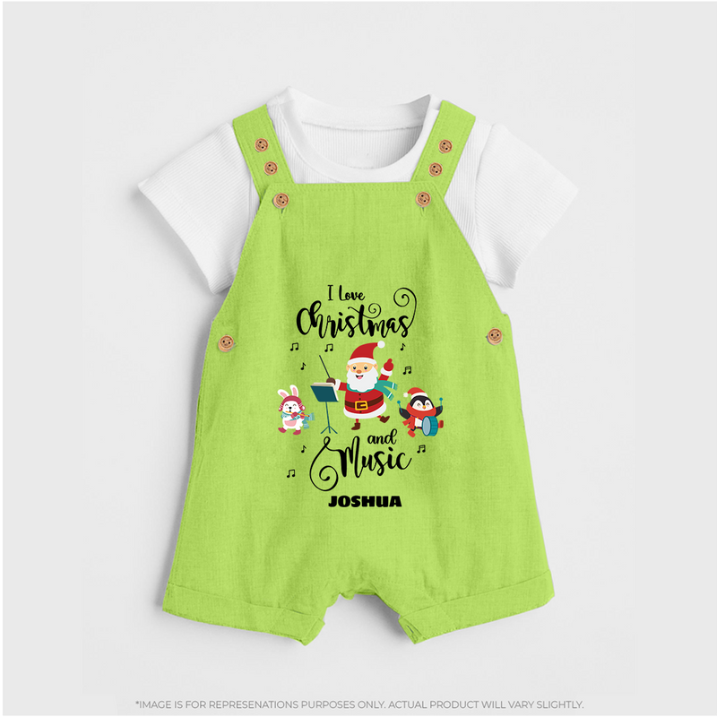 "I Love Christmas And Music " - Christmas Themed Kids Dungaree Set With Customized name - GREEN - 0 - 5 Months Old (Chest 18")