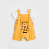 "I Love Christmas And Music " - Christmas Themed Kids Dungaree Set With Customized name - PASTEL YELLOW - 0 - 5 Months Old (Chest 18")