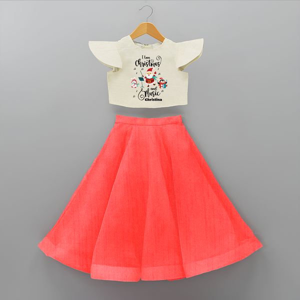 "I Love Christmas And Music " - Christmas Themed Kids Crop Top And Skirt With Customized name - RED - 6 - 9 Months Old (Chest 20" , Frock Waist 20")