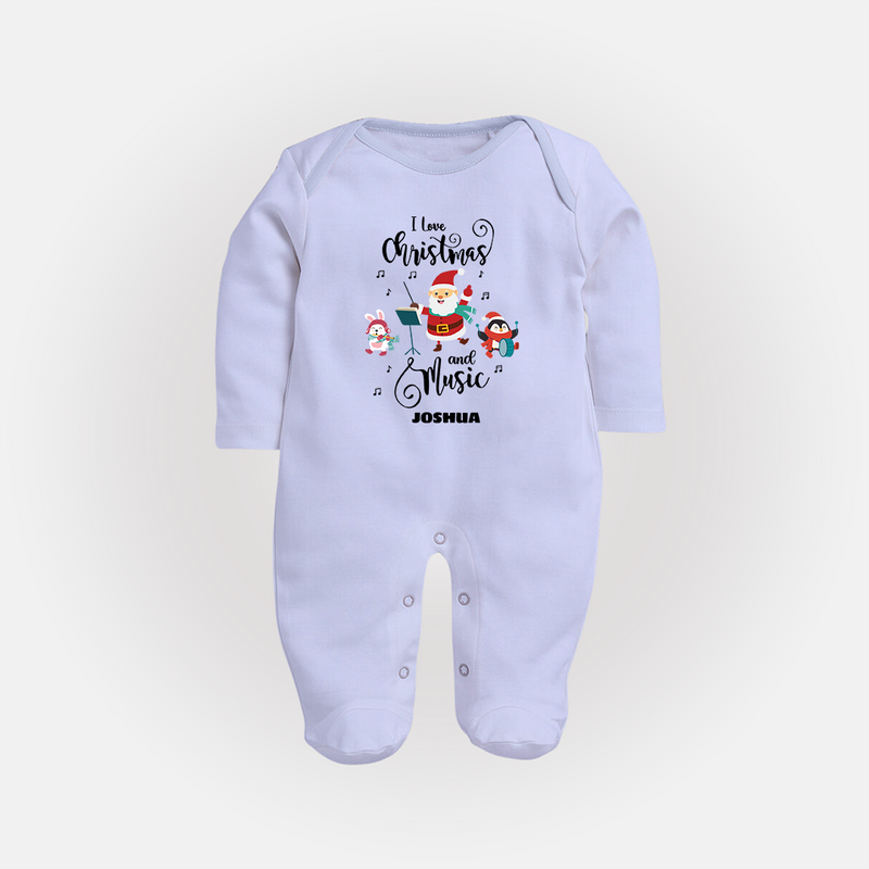 "I Love Christmas And Music " - Christmas Themed Baby Sleep Suit With Customized name - BABY BLUE - New Born (Chest 7.5")