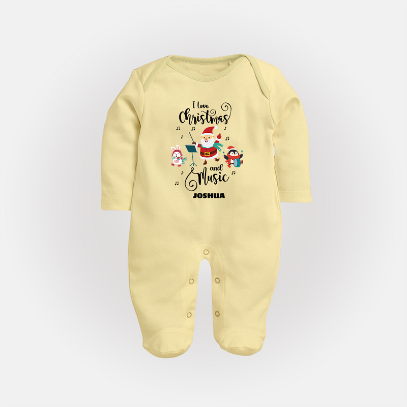 "I Love Christmas And Music " - Christmas Themed Baby Sleep Suit With Customized name - PASTEL YELLOW - New Born (Chest 7.5")