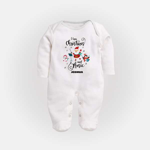 "I Love Christmas And Music " - Christmas Themed Baby Sleep Suit With Customized name - WHITE - New Born (Chest 7.5")