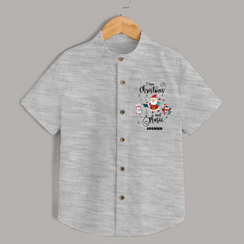 "I Love Christmas And Music " - Christmas Themed Kids Shirt With Customized name - GREY MELANGE - 0 - 6 Months Old (Chest 23")