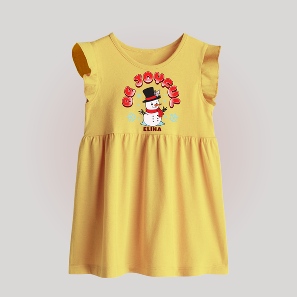 "Be Joyful" - Christmas Themed Baby Frock With Customized name - YELLOW - 0 - 3 Months Old (Chest 17")