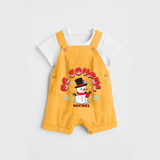 "Be Joyful" - Christmas Themed Kids Dungaree Set With Customized name - PASTEL YELLOW - 0 - 5 Months Old (Chest 18")