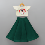 "Be Joyful" - Christmas Themed Kids Crop Top And Skirt With Customized name - BOTTLE GREEN - 6 - 9 Months Old (Chest 20" , Frock Waist 20")