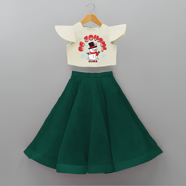 "Be Joyful" - Christmas Themed Kids Crop Top And Skirt With Customized name - BOTTLE GREEN - 6 - 9 Months Old (Chest 20" , Frock Waist 20")