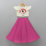 "Be Joyful" - Christmas Themed Kids Crop Top And Skirt With Customized name - FUSCHIA - 6 - 9 Months Old (Chest 20" , Frock Waist 20")