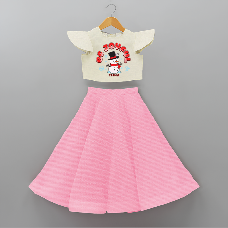 "Be Joyful" - Christmas Themed Kids Crop Top And Skirt With Customized name - PINK - 6 - 9 Months Old (Chest 20" , Frock Waist 20")