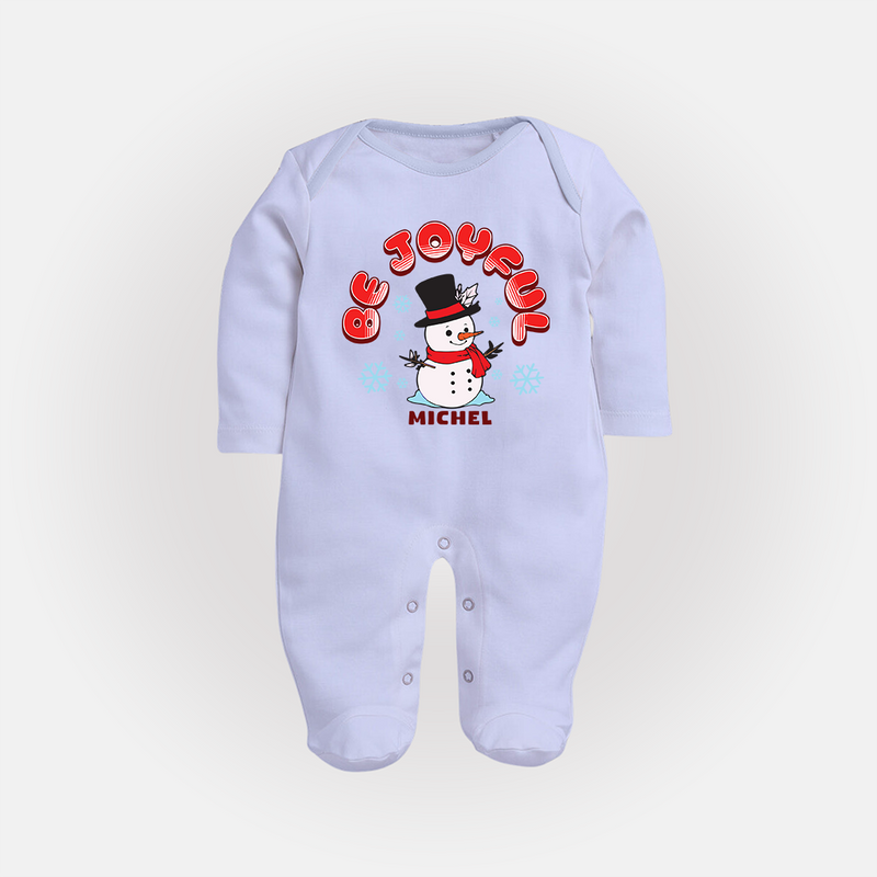 "Be Joyful" - Christmas Themed Baby Sleep Suit With Customized name - BABY BLUE - New Born (Chest 7.5")