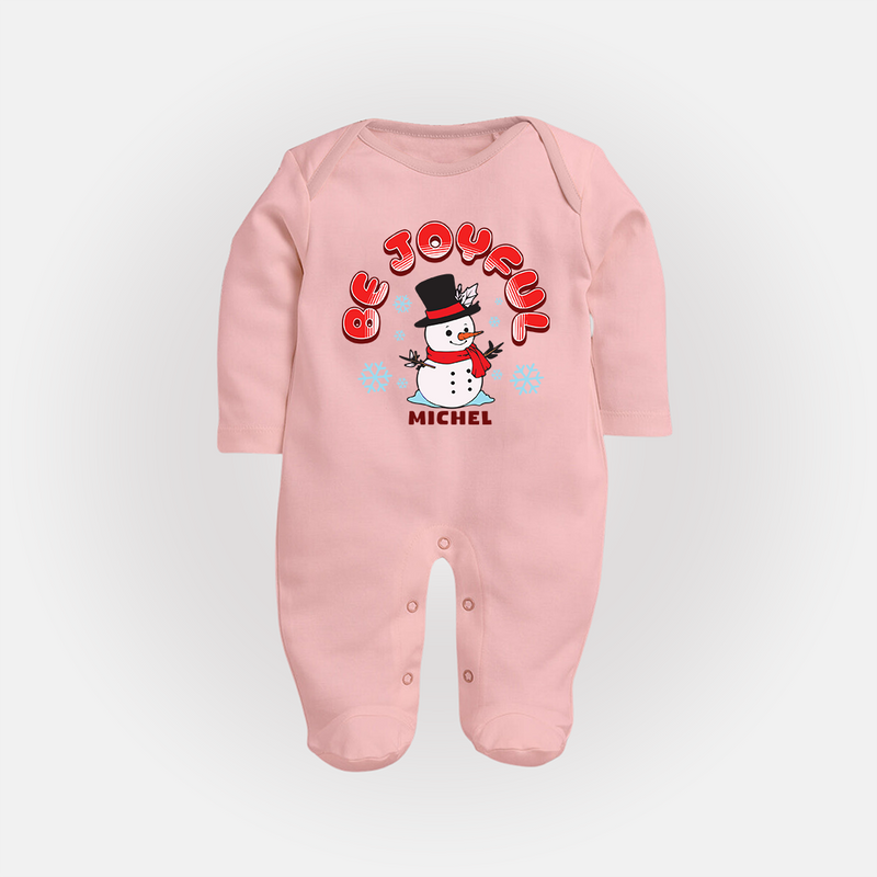 "Be Joyful" - Christmas Themed Baby Sleep Suit With Customized name - BABY PINK - New Born (Chest 7.5")