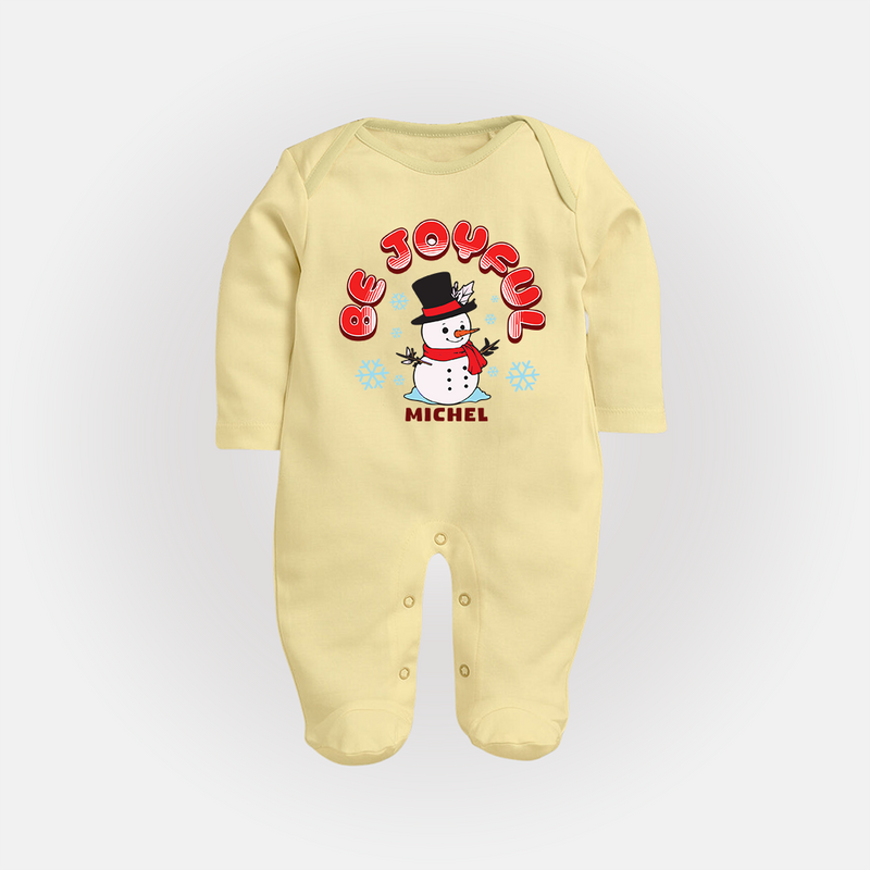 "Be Joyful" - Christmas Themed Baby Sleep Suit With Customized name - PASTEL YELLOW - New Born (Chest 7.5")